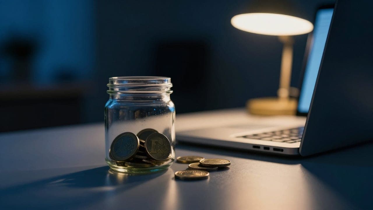 A laptop screen glowing on a desk at night beside a warm lamp and a jar of euro coins