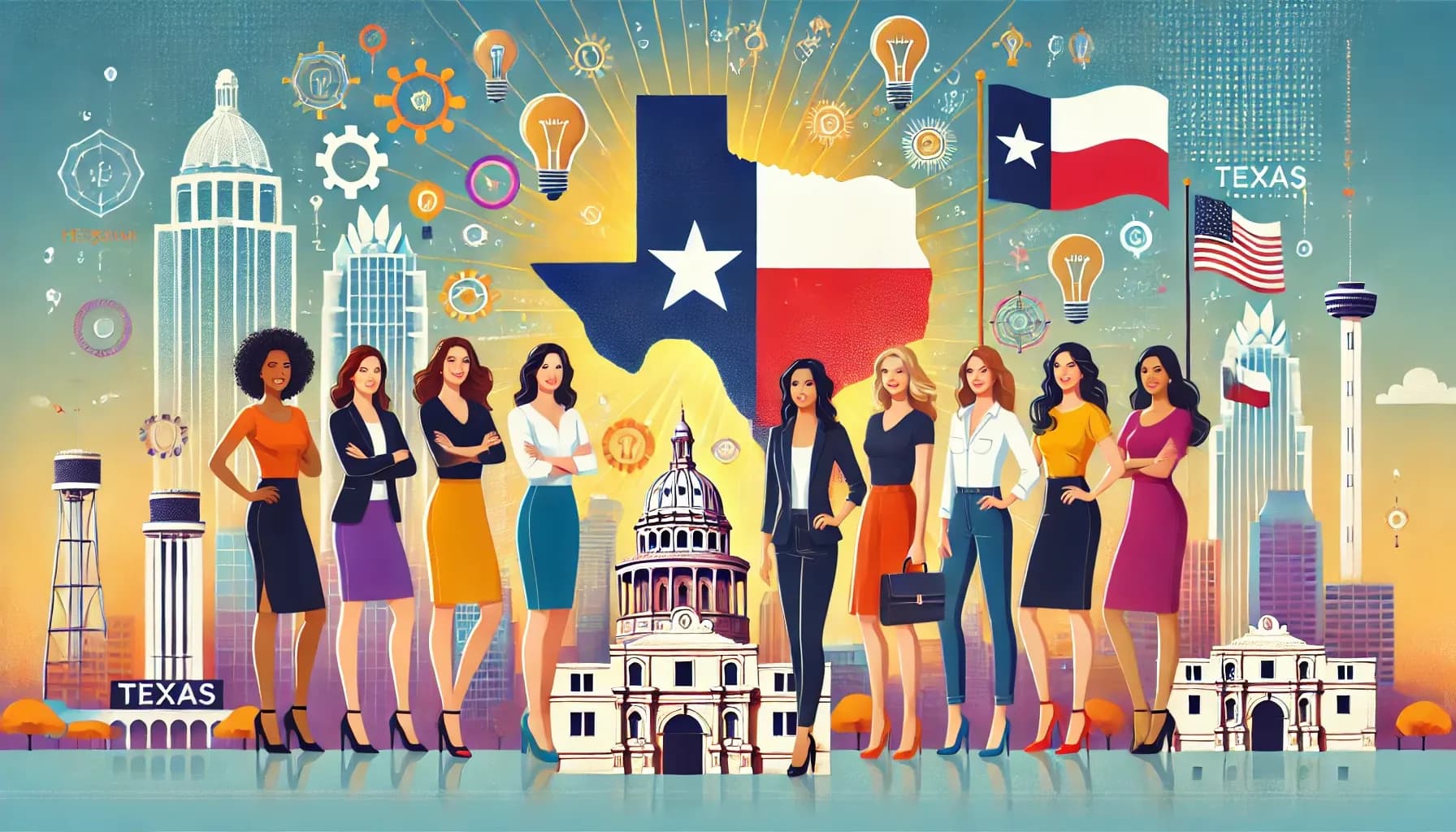 An inspiring illustration representing the entrepreneurial spirit of female founders in Texas. The image features diverse women entrepreneurs standing - Texas Startup Insider