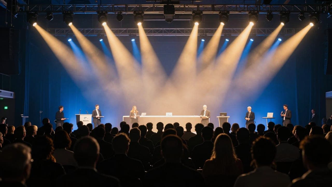 A conference audience in silhouette facing a stage lit by gold and blue beams