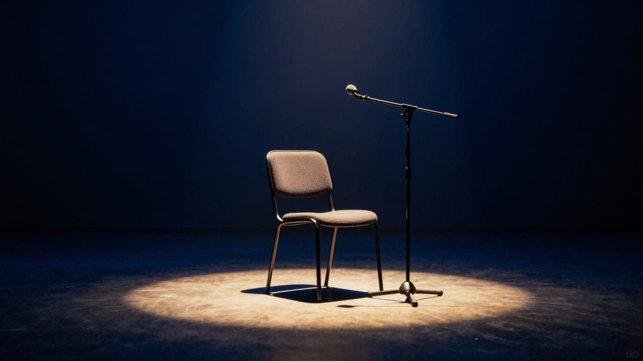 An empty chair and microphone under a single spotlight on a dark stage
