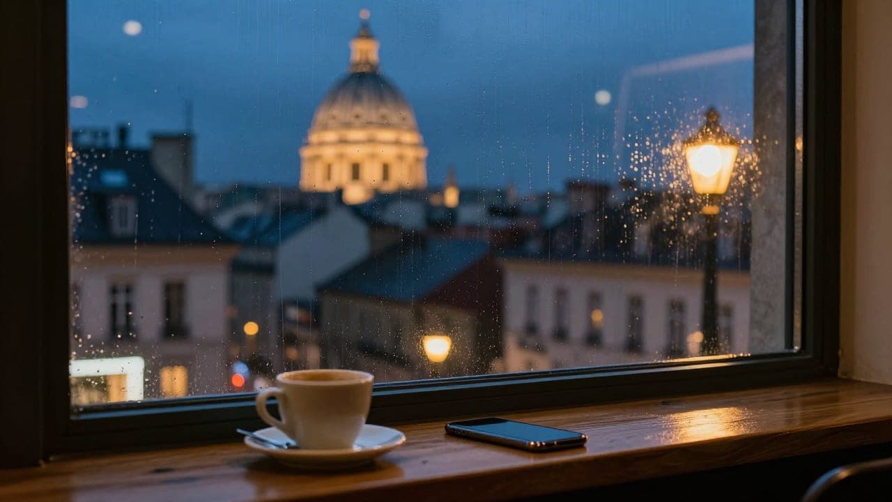 A café window at night looking out on a lit cathedral dome
