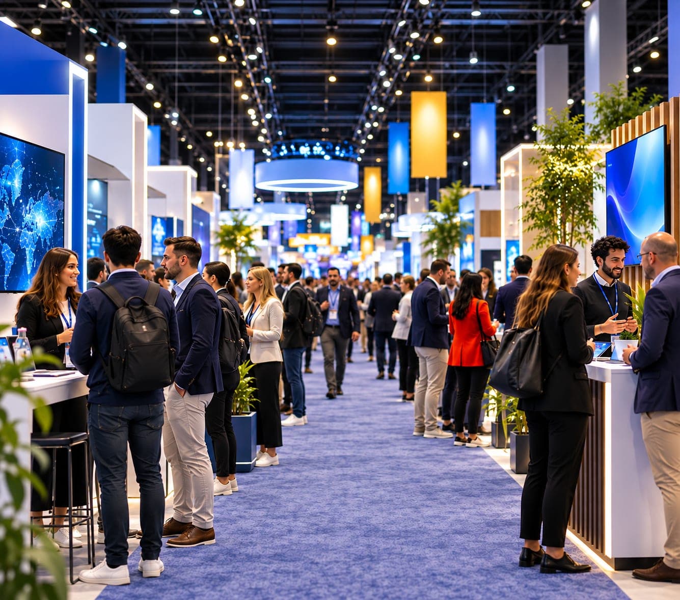 Founders and visitors on the startup pavilion floor of a European tech expo
