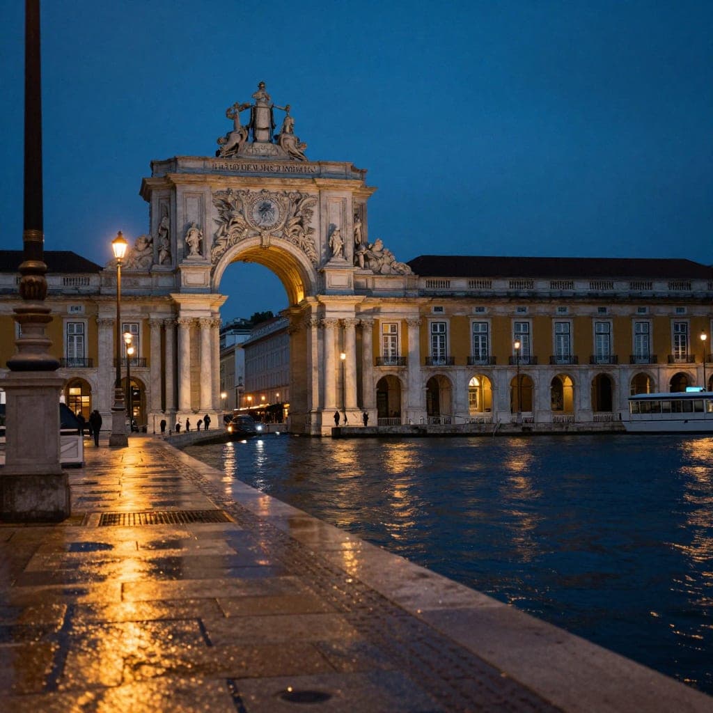 Lisbon’s Rua Augusta arch and riverfront at blue hour