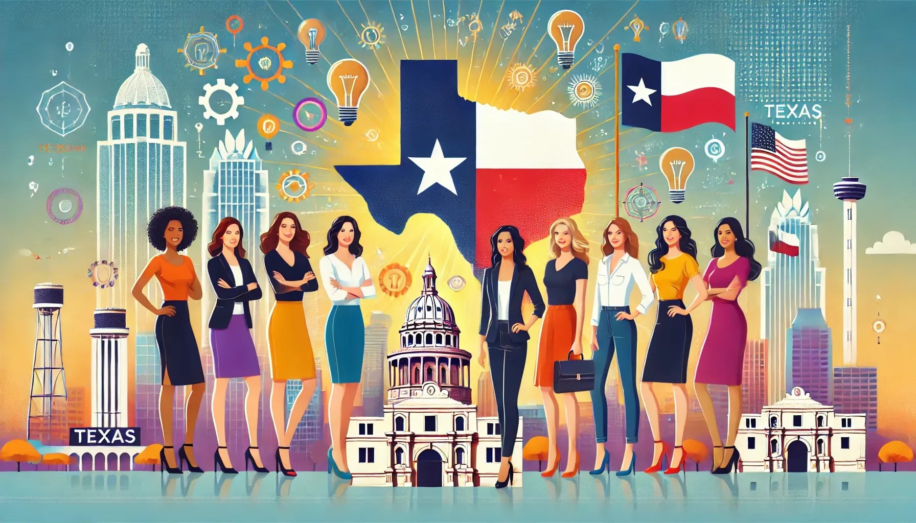 An inspiring illustration representing the entrepreneurial spirit of female founders in Texas. The image features diverse women entrepreneurs standing - Texas Startup Insider