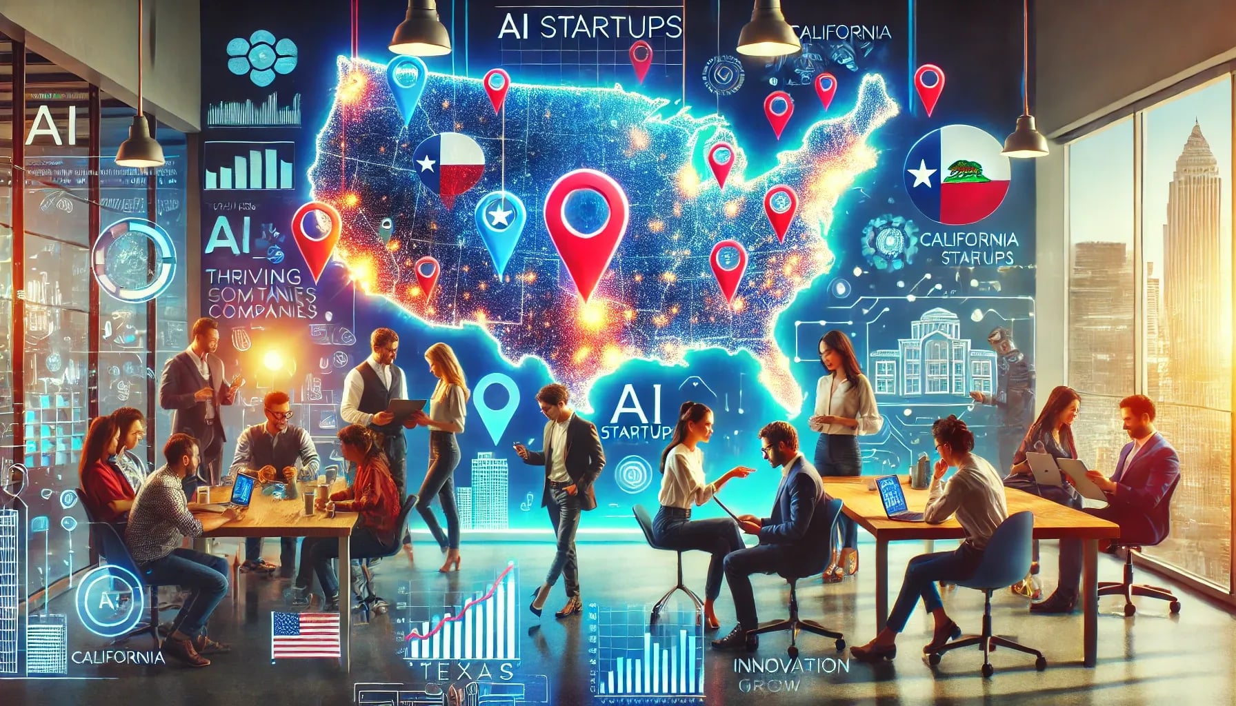 Success of AI startups in the United States, focusing on a map of Texas and California - www.TexasStartupInsider.com