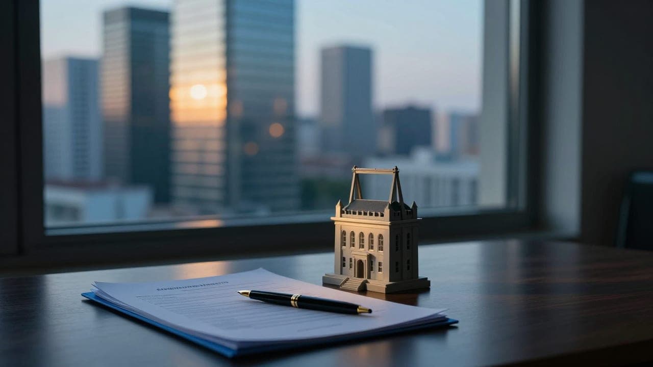 A printed feature in a blue folder with a fountain pen on a desk, a city skyline out the window at dusk