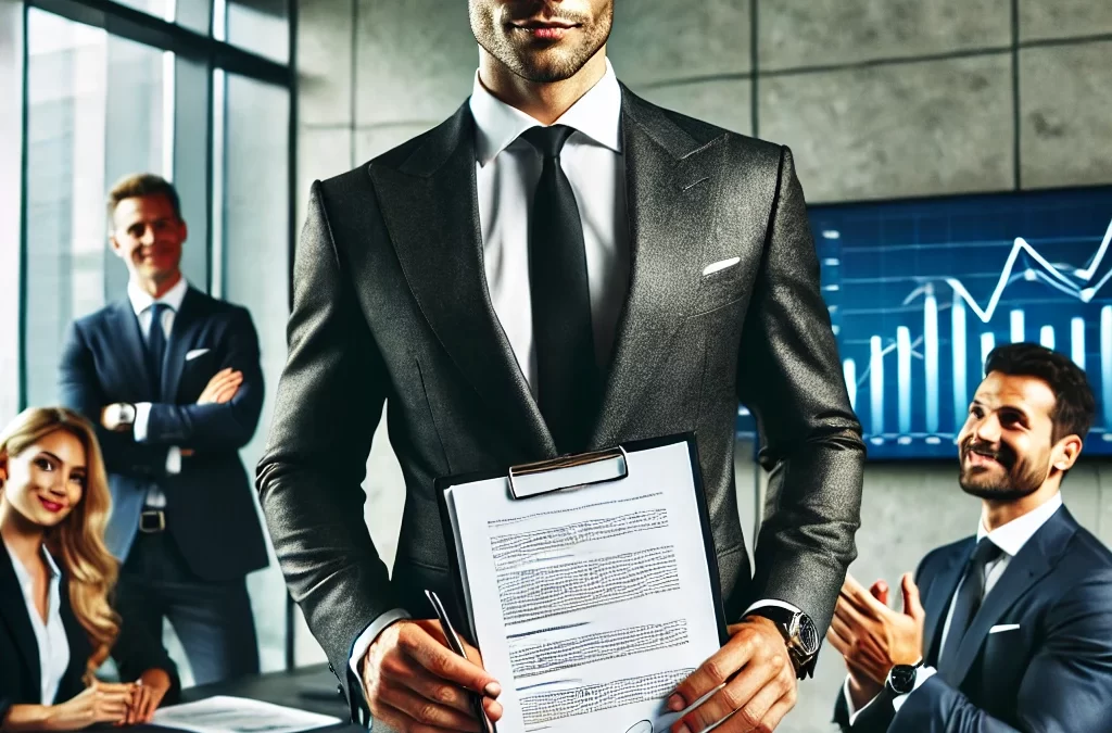 A confident, sharp entrepreneur in a business suit, standing in a modern office setting, holding a signed investment agreement with a victorious smile