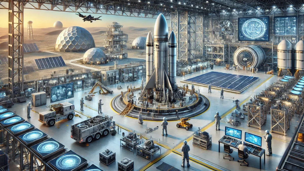 A futuristic spaceport with a large, advanced rocket ship being assembled in a high-tech facility. Starting a Startup to Serve Starbase A Guide for Founders. - www.TexasStartupInsider.com