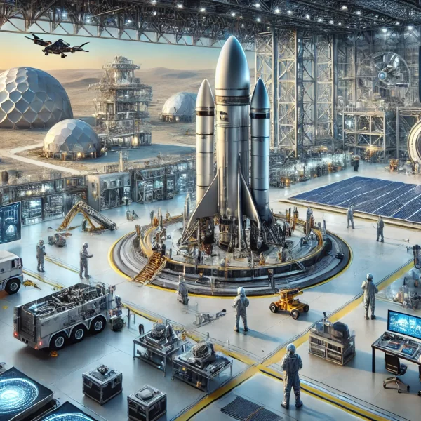 A futuristic spaceport with a large, advanced rocket ship being assembled in a high-tech facility. Starting a Startup to Serve Starbase A Guide for Founders. - www.TexasStartupInsider.com