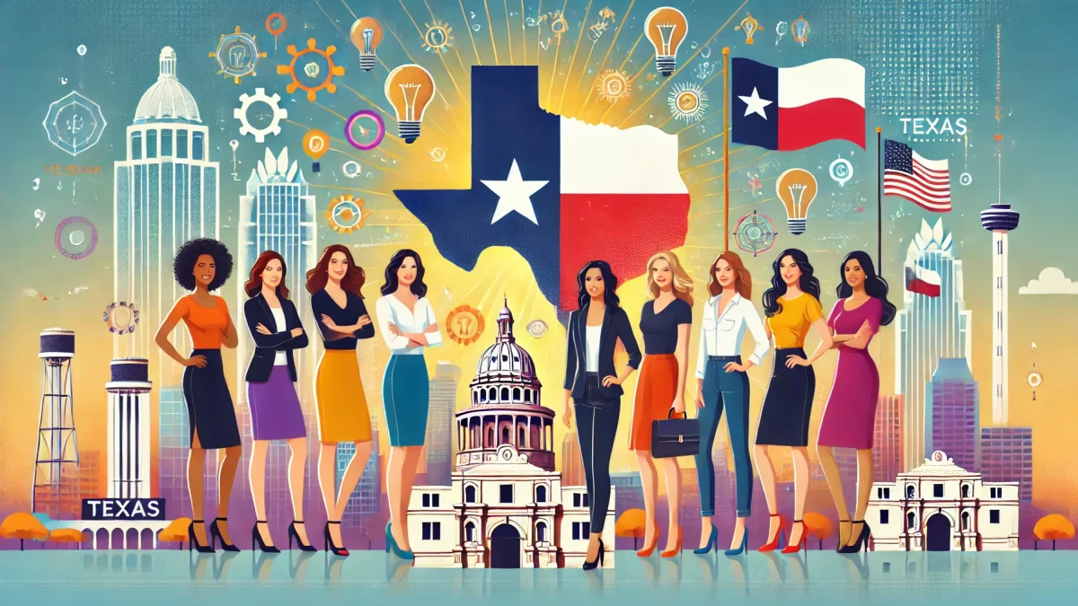 An inspiring illustration representing the entrepreneurial spirit of female founders in Texas. The image features diverse women entrepreneurs standing - Texas Startup Insider