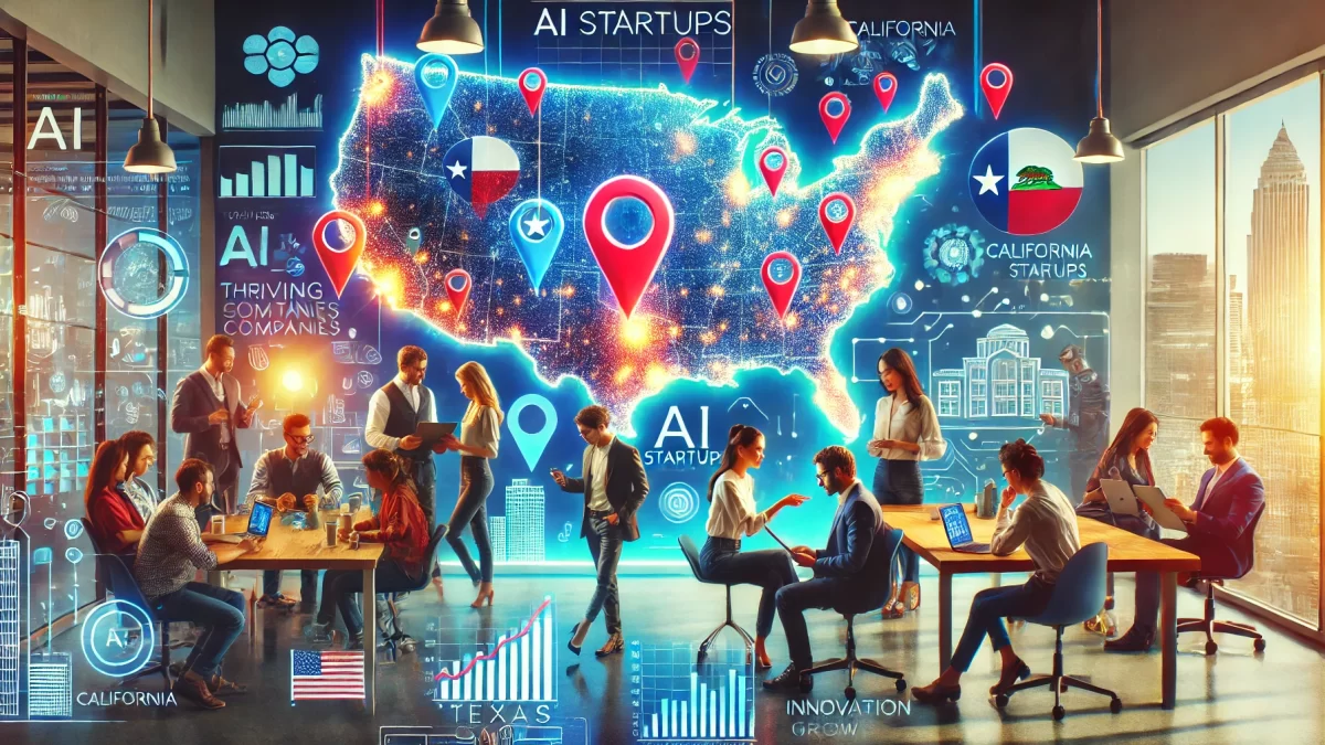 Success of AI startups in the United States, focusing on a map of Texas and California - www.TexasStartupInsider.com